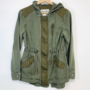 American Rag Utility Jacket Woman Small Hooded Army Green Cotton Zip Boho Grunge